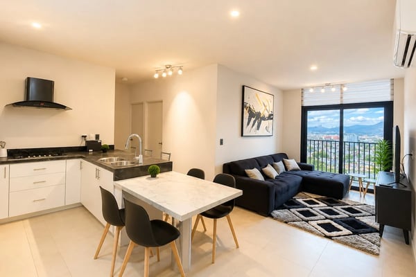 Apartamento de planta abierta con cocina blanca, mesa de comedor, sofá negro y balcón con vista al paisaje urbano