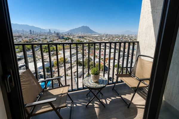 Balcón con barandal negro con vista a una plaza urbana y montaña lejana bajo cielo azul