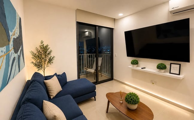 Living room with brown leather sofa, colorful pillows, and floor-to-ceiling windows overlooking sunset mountains and city lights